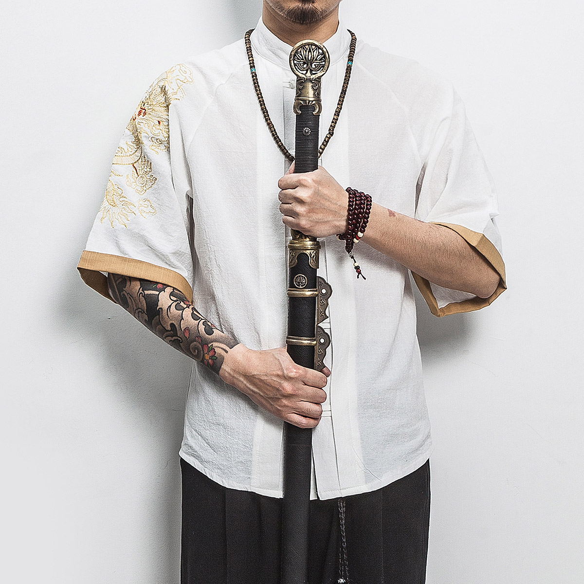 白墙风男士短袖衬衫金龙刺绣衬衣白色A032/DS001/50控68,男装衬衫,电商A032