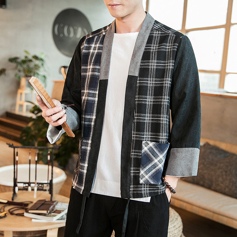 咖啡厅夏装风拼接撞色格子开衫汉服T恤男A032/1822/特P40,男装衬衫,电商A032