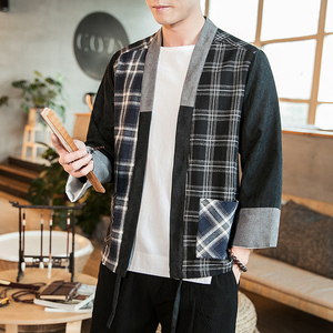 咖啡厅 夏装风拼接撞色格子开衫汉服T恤男A032/1822/特P40图片