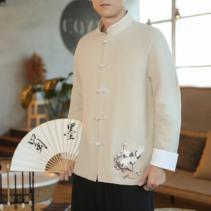 咖啡厅 风春装男士衣脚鹤刺绣长袖衬衫黑色  A032/C25/65控78图片