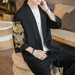 咖啡厅 风夏装男士汉服龙刺绣开衫卡其色A032/KS002/50控68图片