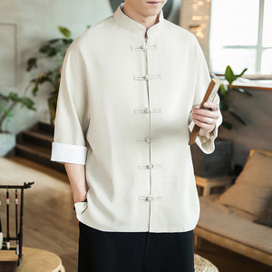 风夏装 复古男士七分袖衬衫棉麻短袖衬衣麻本A032/C66/55控68图片