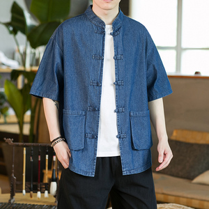 咖啡厅深蓝 2023新款夏季男士复古牛仔大码风衬衫A032/C71/65图片