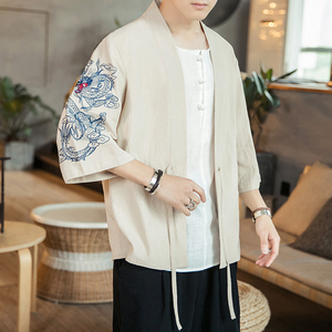 咖啡厅 风夏装男士汉服龙刺绣开衫黑色A032/KS002/50控68图片