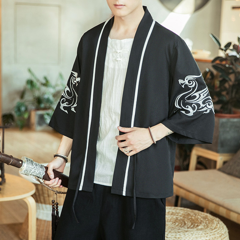 咖啡厅 风夏装银龙刺绣汉服开衫衬衫黑色 A032/2202/50控68图片