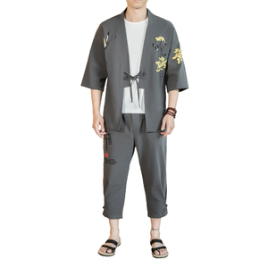 风夏装 男士开衫套装七分袖菊花印花汉服蓝绿 A032/T1193/100图片
