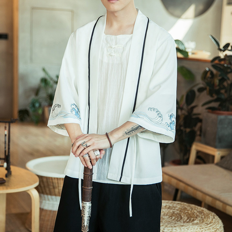 咖啡厅风海浪刺绣七分袖开衫汉服防晒衣白色A032/2207/50控68,男装衬衫,电商A032