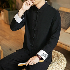 咖啡厅 风春装男士袖口鹤刺绣长袖衬衫黑色  A032/C23/55控68图片