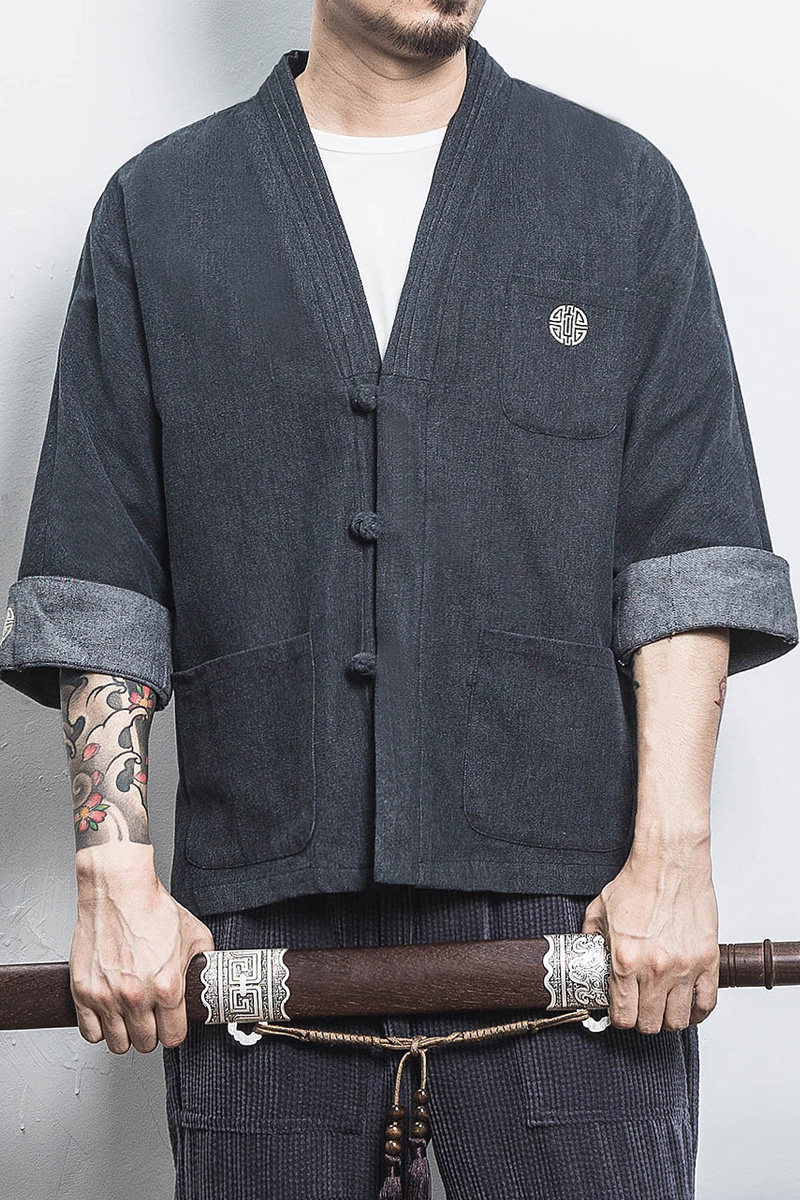 白墙风男士汉服开衫盘扣牛仔外套黑色A032/KS001/65控78,男装衬衫,电商A032
