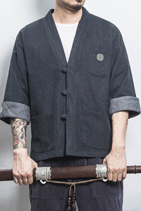 白墙 风男士汉服开衫盘扣牛仔外套黑色A032/KS001/65控78图片