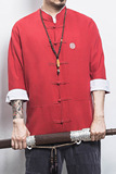 白墙风夏装男士七分袖衬衫棉麻短袖衬衣红色A032/C66/55控68，男装衬衫，电商A032