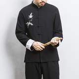 白墙风春装男士胸前鹤刺绣长袖衬衫黑色A032/C22/55控68，男装衬衫，电商A032