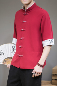 风夏装男士撞色扣子仙鹤刺绣七分袖衬衫红色 A032/C61/55控68图片