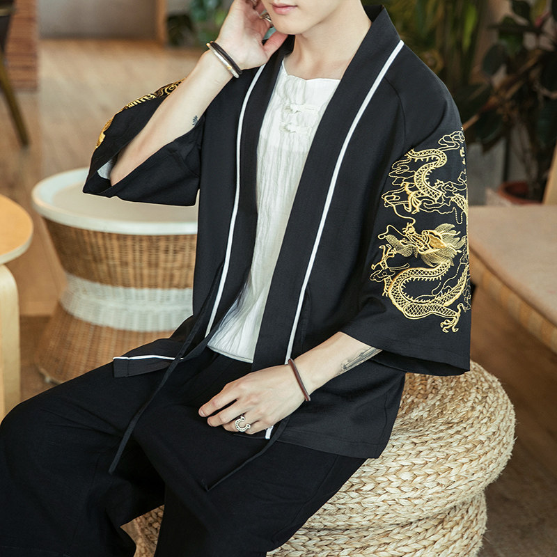 咖啡厅风龙凤刺绣七分袖开衫汉服防晒衣黑色A032/2206/50控68,男装衬衫,电商A032
