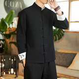 咖啡厅风春装男士袖口鹤刺绣长袖衬衫黑色A032/C23/55控68，男装衬衫，电商A032