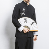 白墙风春装男士胸前鹤刺绣长袖衬衫黑色A032/C22/55控68，男装衬衫，电商A032