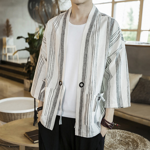 咖啡厅 夏装风男士条纹开衫T恤黑条纹汉服A032/1816/特P50图片