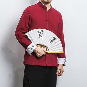 白墙 风春装男士袖口鹤刺绣长袖衬衫麻本色  A032/C23/55控68图片