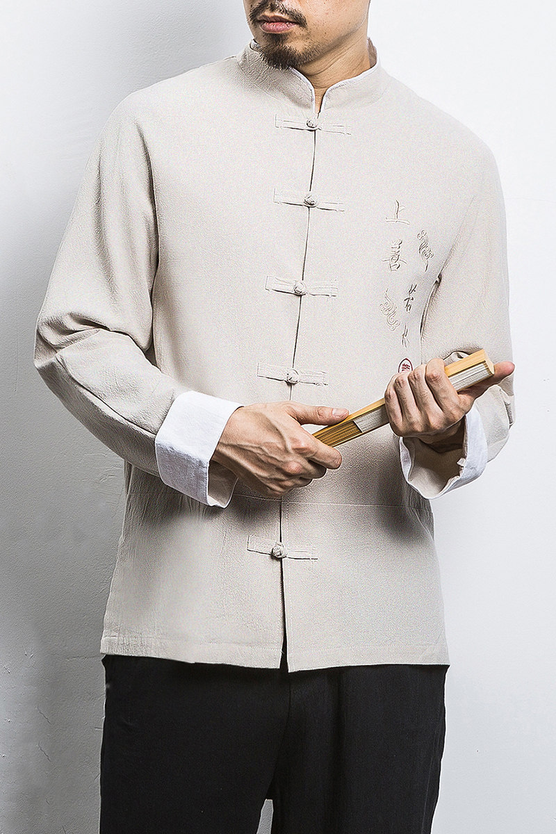 白墙风春装男士上善若水刺绣长袖衬衫麻米色A032/C21/55控68,男装衬衫,电商A032