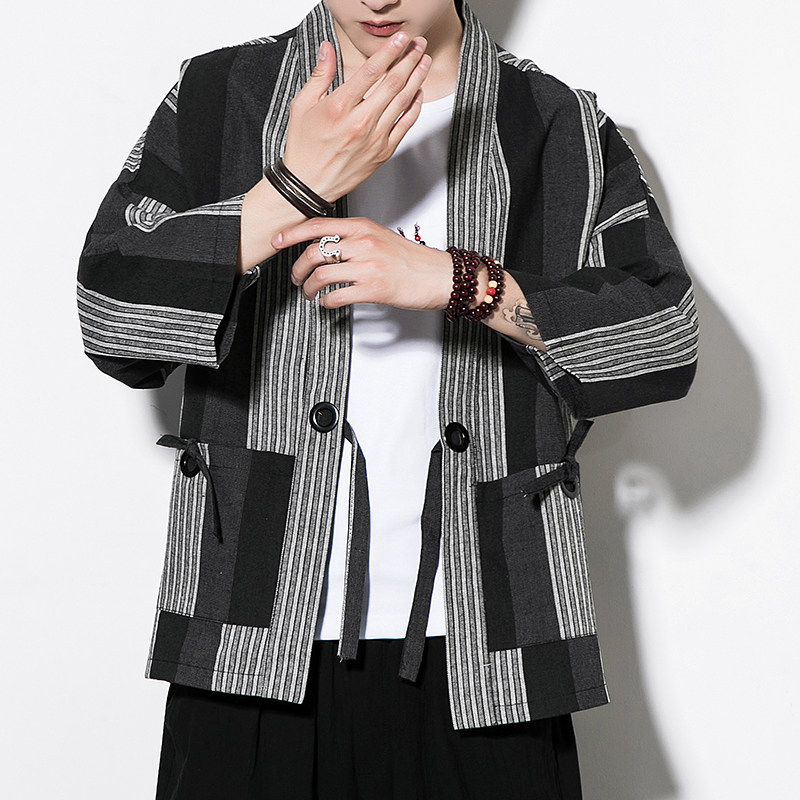白墙夏装风男士条纹开衫T恤白色条纹汉服A032/1816/特P50,男装衬衫,电商A032