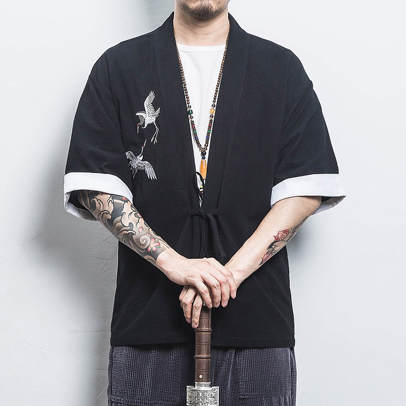 白墙风夏装男士汉服仙鹤刺绣开衫黑色A032/KS003/50控68,男装衬衫,电商A032