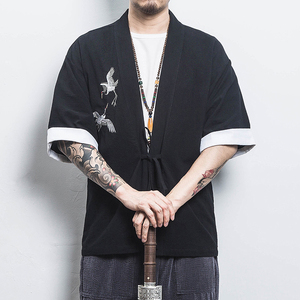 白墙 风夏装男士汉服仙鹤刺绣开衫黑色A032/KS003/50控68图片