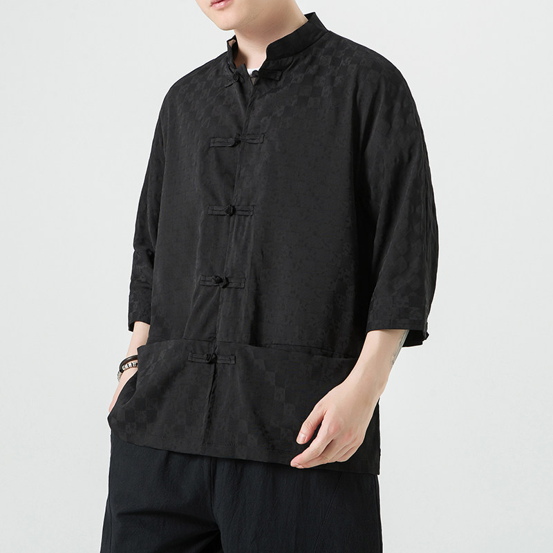 无影墙黑色2024新款夏季男士复古冰丝大码风衬衫A032/C70/75,男装衬衫,电商A032