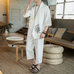 风夏装开衫棉麻亚麻刺绣套装男两件套大码白色A032/T1196/100