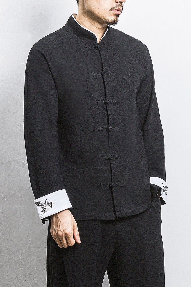 白墙风春装男士袖口鹤刺绣长袖衬衫黑色A032/C23/55控68,男装衬衫,电商A032