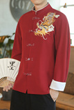 咖啡厅风春装男士胸前龙刺绣长袖衬衫红A032/C26/65控78，男装衬衫，电商A032