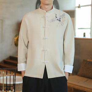 咖啡厅 风春装男士撞色盘扣飞鹤图刺绣衬衫黑色A032/C27/65图片