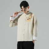 白墙风春装男士胸前龙刺绣长袖衬衫麻本色A032/C26/65控78，男装衬衫，电商A032