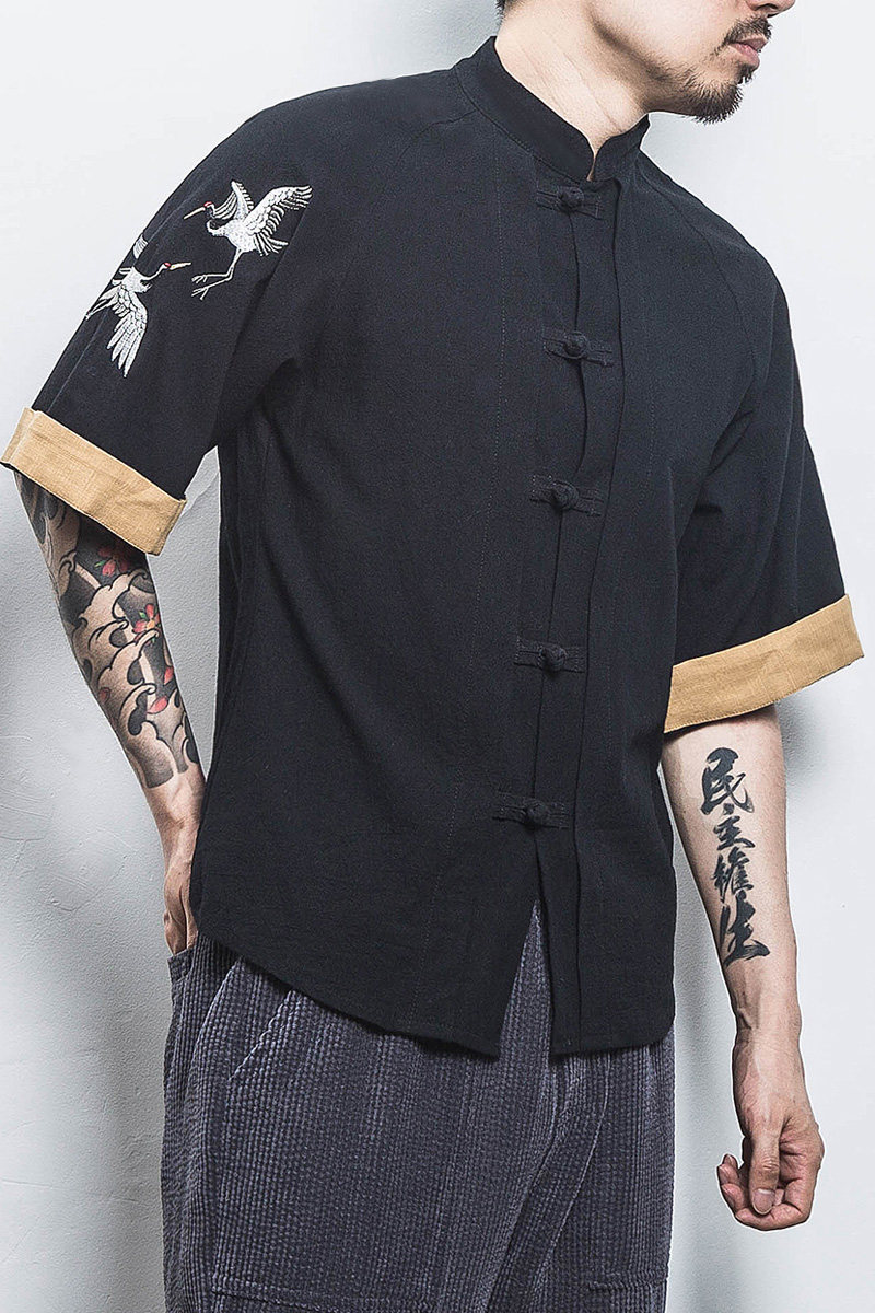 白墙风男士短袖衬衫仙鹤刺绣衬衣黑色A032/DS003/50控68,男装衬衫,电商A032