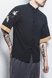 白墙风男士短袖衬衫仙鹤刺绣衬衣黑色A032/DS003/50控68，男装衬衫，电商A032