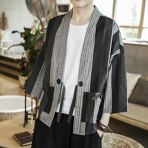 咖啡厅 夏装风男士条纹开衫T恤黑条纹汉服A032/1816/特P50图片