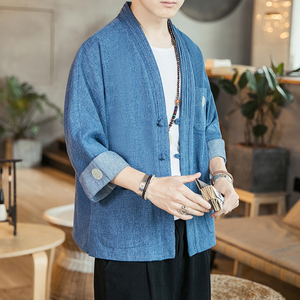 咖啡厅 风男士汉服开衫盘扣牛仔外套黑色A032/KS001/65控78图片