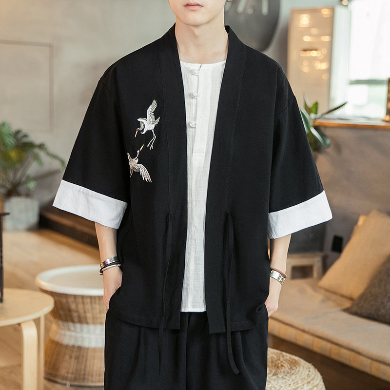 咖啡厅 风夏装男士汉服仙鹤刺绣开衫黑色A032/KS003/50控68图片