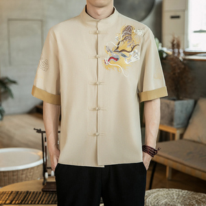 咖啡厅 风春装男士胸前龙刺绣短袖衬衫红色  A032/C68/55控68图片
