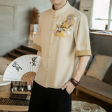 咖啡厅风春装男士胸前龙刺绣短袖衬衫卡其A032/C68/55控68，男装衬衫，电商A032