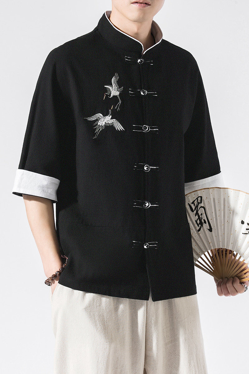 白墙男士撞色扣子七分短袖衬衫胸前鹤刺绣黑色A032/C63/55控68,男装衬衫,电商A032