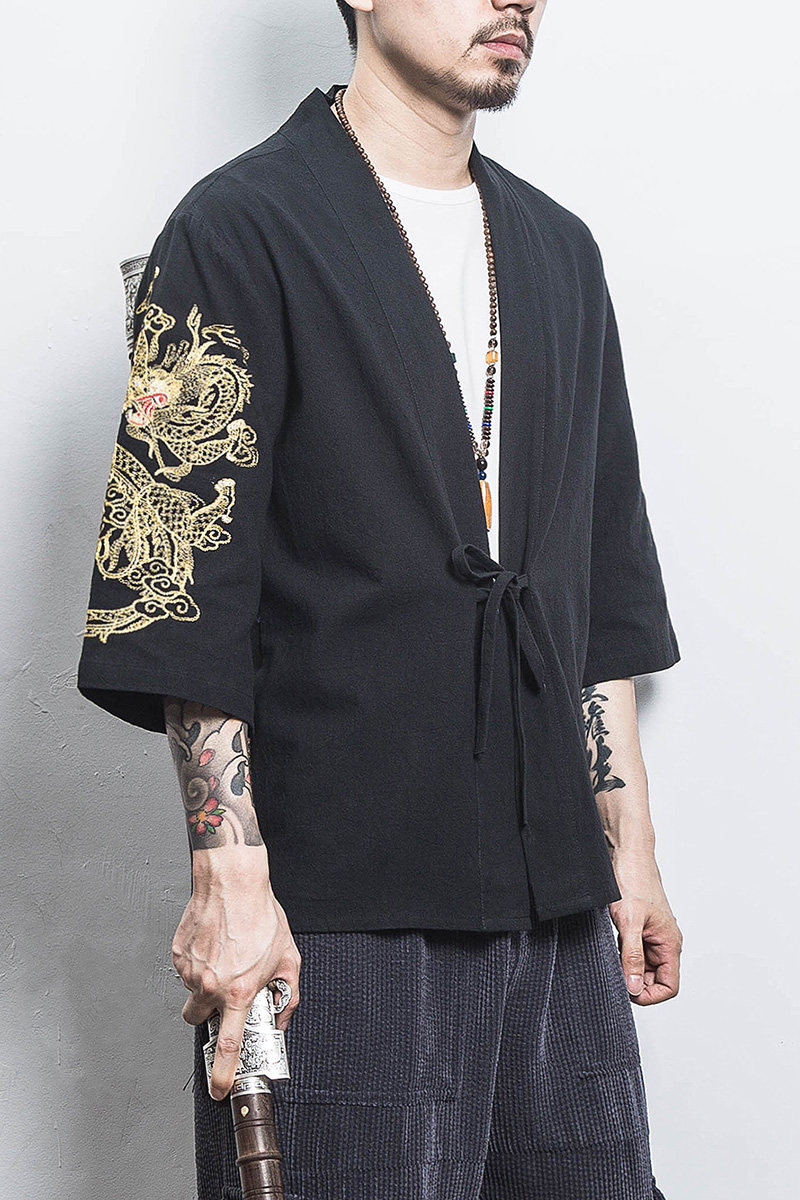 白墙风夏装男士汉服龙刺绣开衫黑色A032/KS002/50控68,男装衬衫,电商A032