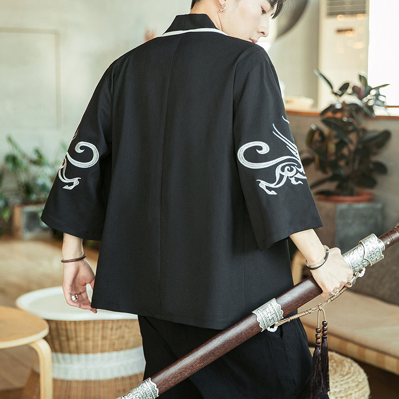 咖啡厅风夏装银龙刺绣汉服开衫衬衫白色A032/2202/50控68,男装衬衫,电商A032