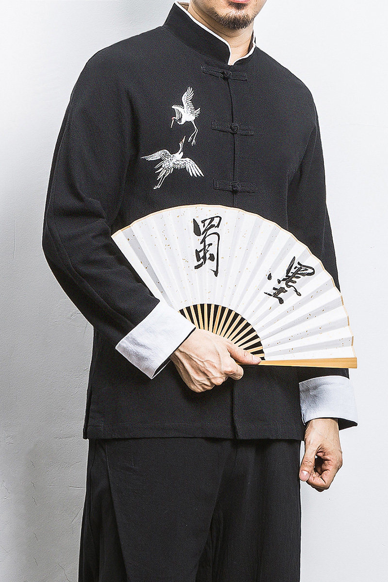 白墙风春装男士胸前鹤刺绣长袖衬衫黑色A032/C22/55控68,男装衬衫,电商A032