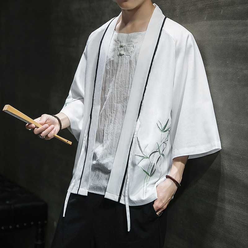 W基地风竹子刺绣七分袖开衫汉服防晒衣白色A032/2205/50控68，男装衬衫，电商A032