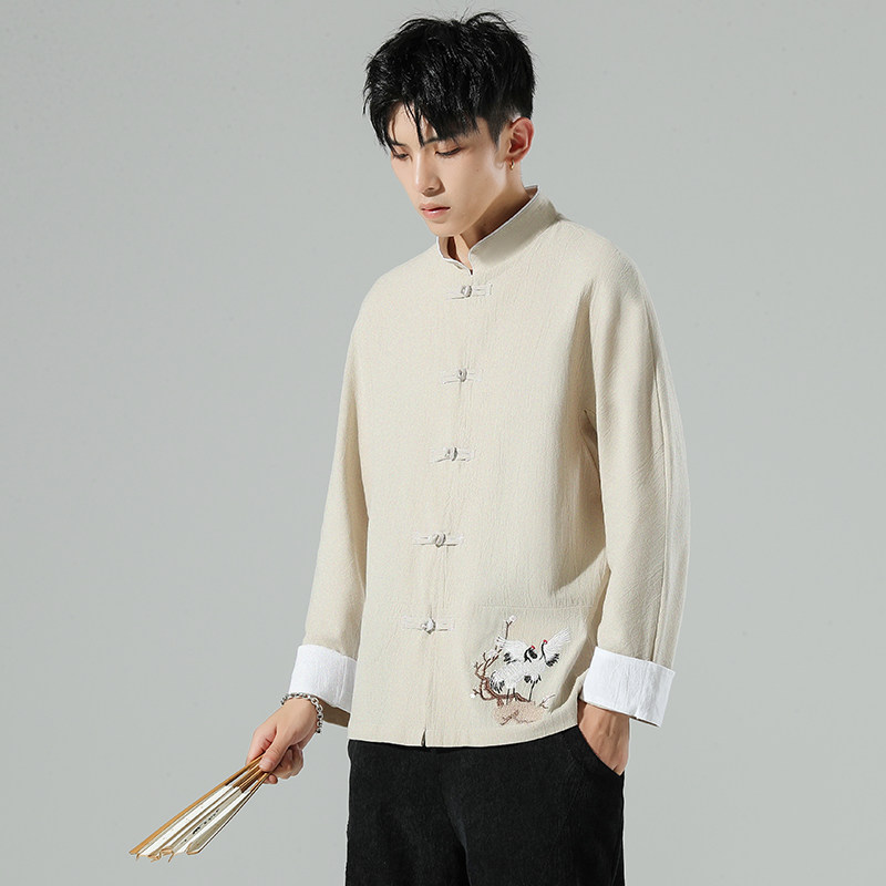 无影墙风春装男士衣脚鹤刺绣长袖衬衫麻本色A032/C25/65控78,男装衬衫,电商A032