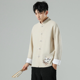 无影墙风春装男士衣脚鹤刺绣长袖衬衫麻本色A032/C25/65控78，男装衬衫，电商A032