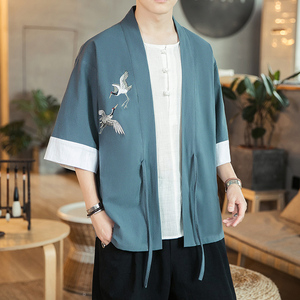 咖啡厅 风夏装男士汉服仙鹤刺绣开衫湖蓝色A032/KS003/50控68图片