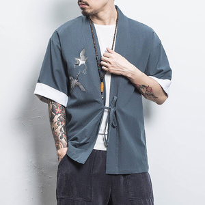 白墙 风夏装男士汉服仙鹤刺绣开衫湖蓝色 A032/KS003/50控68图片