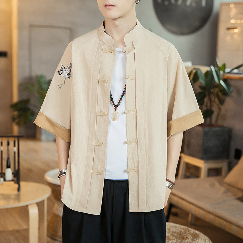 咖啡厅 风男士短袖衬衫仙鹤刺绣衬衣卡其A032/DS003/50控68图片