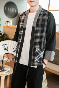 咖啡厅 夏装风拼接撞色格子开衫汉服T恤男A032/1822/特P40图片